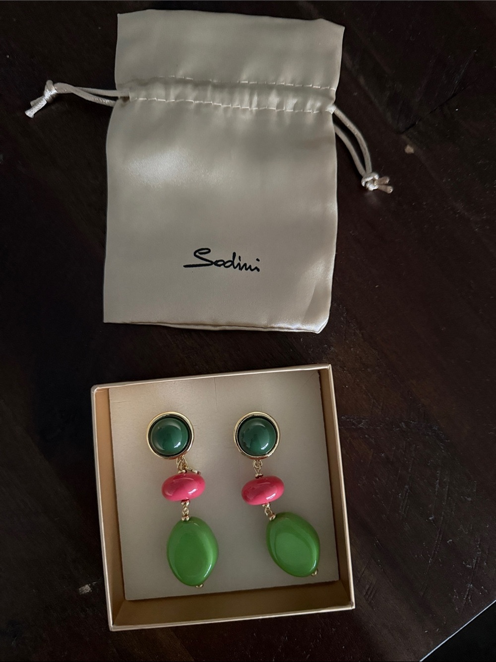 Green and Pink Drop Earrings with Gold Accents